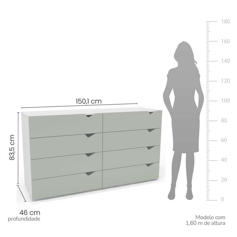 C&ocirc;moda 8 Gavetas Branca e Verde Porto Politorno - Branco e Verde