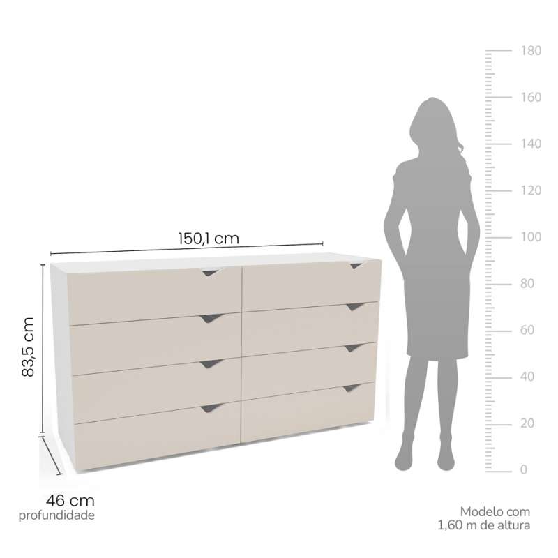 C&ocirc;moda 8 Gavetas Branca e Creme Porto Politorno - Branco e Creme