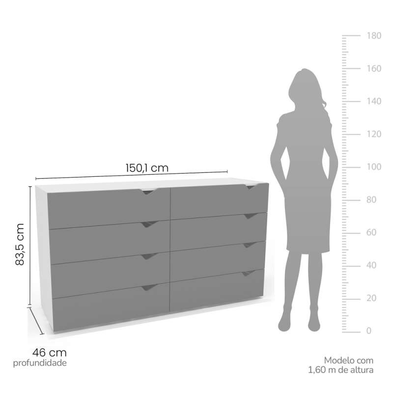 C&ocirc;moda 8 Gavetas Branca e Cinza Porto Politorno - Branco e Cinza