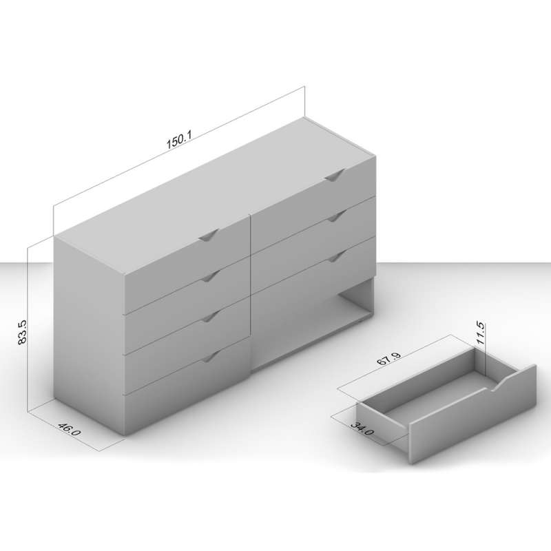 C&ocirc;moda 8 Gavetas Branca e Cinza Porto Politorno - Branco e Cinza