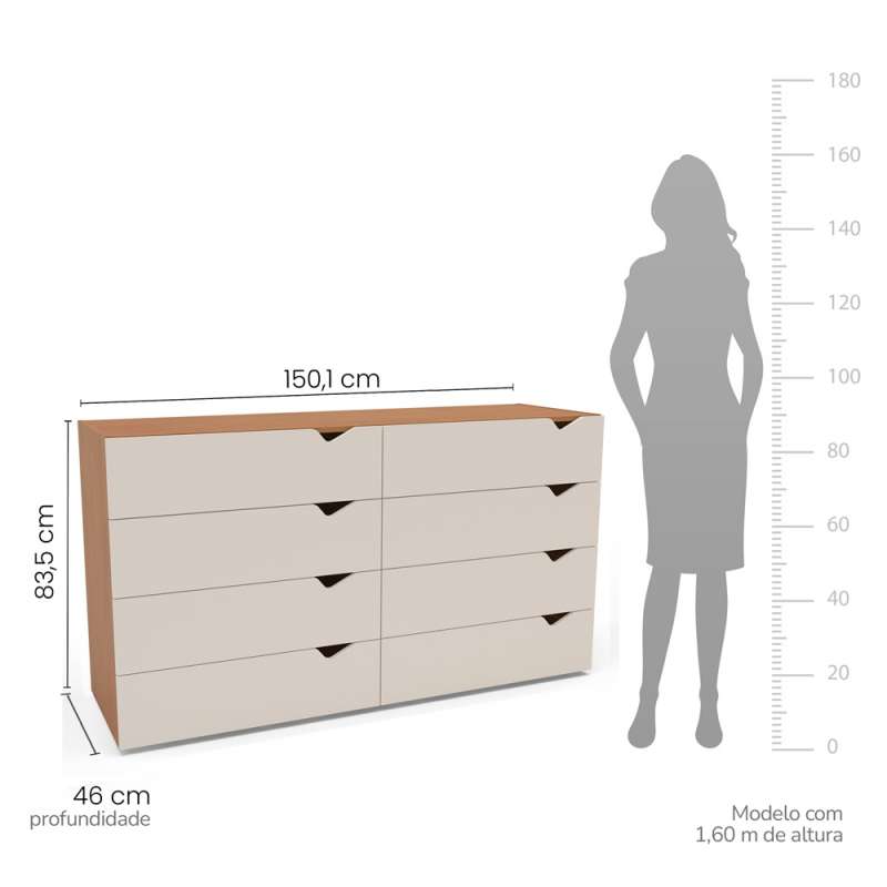 C&ocirc;moda 8 Gavetas Freij&oacute; e Creme Porto Politorno - Freij&oacute; e Creme