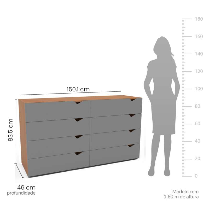 C&ocirc;moda 8 Gavetas Freij&oacute; e Cinza Porto Politorno - Freij&oacute; e Cinza