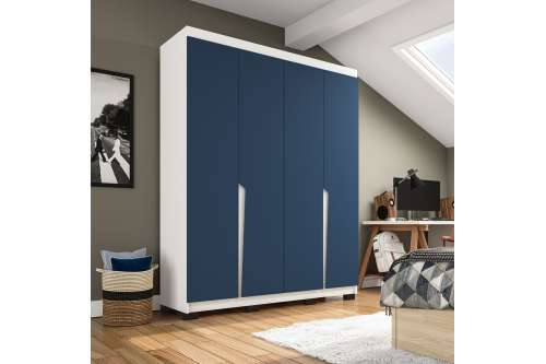 Roupeiro Casal 4 Portas 4 Gavetas Porto Branco e Azul Politorno