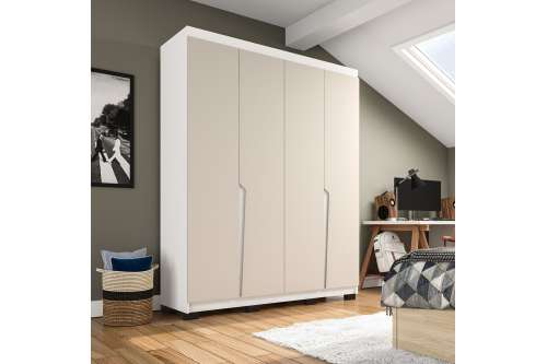 Roupeiro Casal 4 Portas 4 Gavetas Porto Branco e Creme Politorno