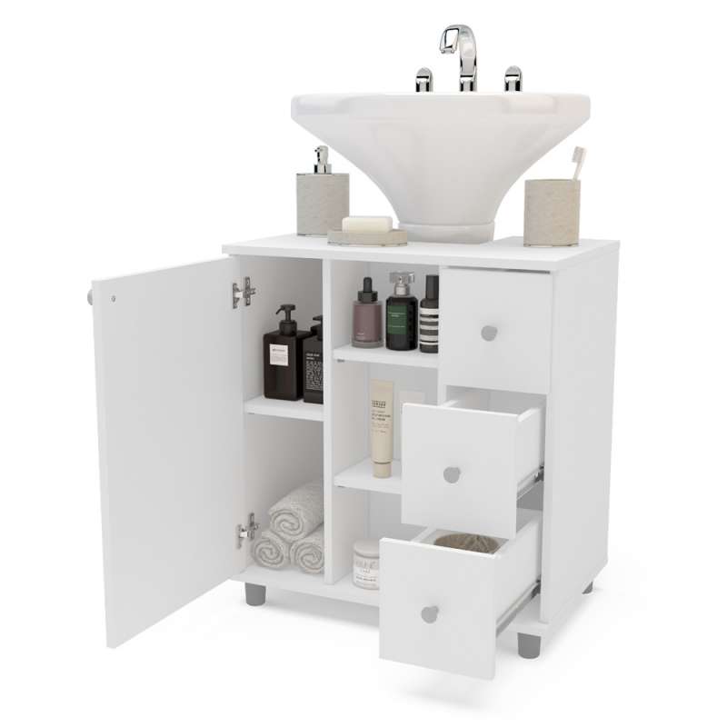 Balcão para Pia de Banheiro Coluna com 3 Gavetas Branco Politorno - Branco