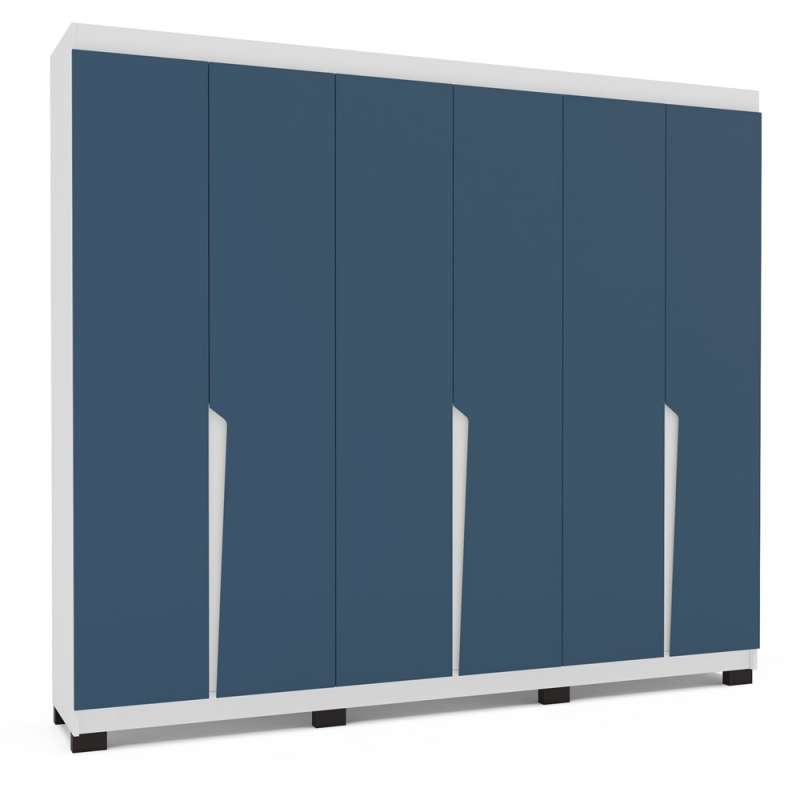 Roupeiro Casal 6 Portas 4 Gavetas Porto Branco e Azul Politorno - Branco e Azul