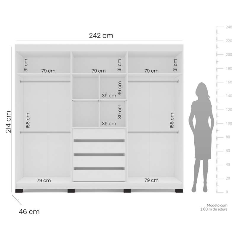 Roupeiro Casal 6 Portas 4 Gavetas Porto Branco e Creme Politorno - Branco e Creme
