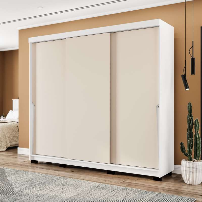 Roupeiro Casal 3 Portas de Correr Porto Branco e Creme Politorno - Branco e Creme