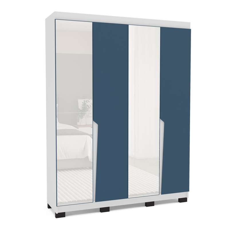 Roupeiro 4 Portas com Espelho Porto Branco e Azul Politorno - Branco e Azul