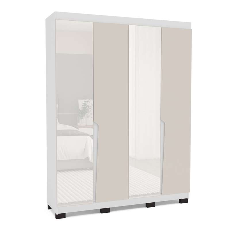 Roupeiro 4 Portas com Espelho Porto Branco e Creme Politorno - Branco e Creme