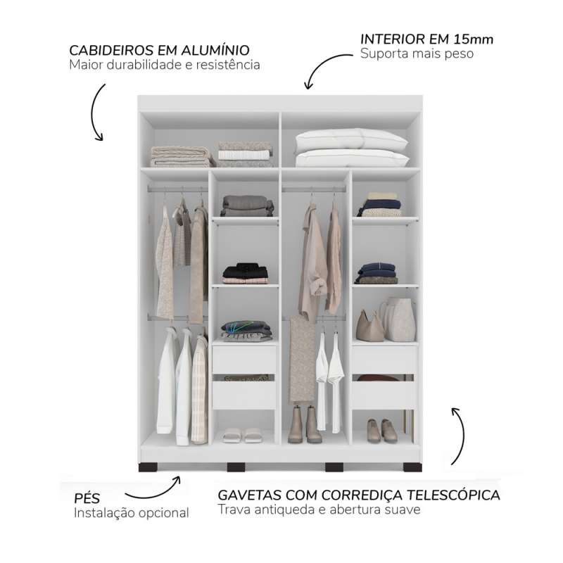 Roupeiro 4 Portas com Espelho Porto Branco e Creme Politorno - Branco e Creme