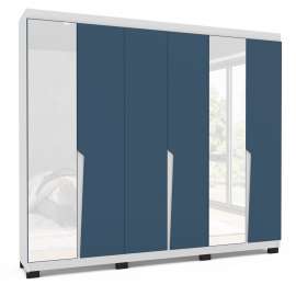 Roupeiro 6 Portas com Espelho Porto Branco e Azul Politorno - Branco e Azul