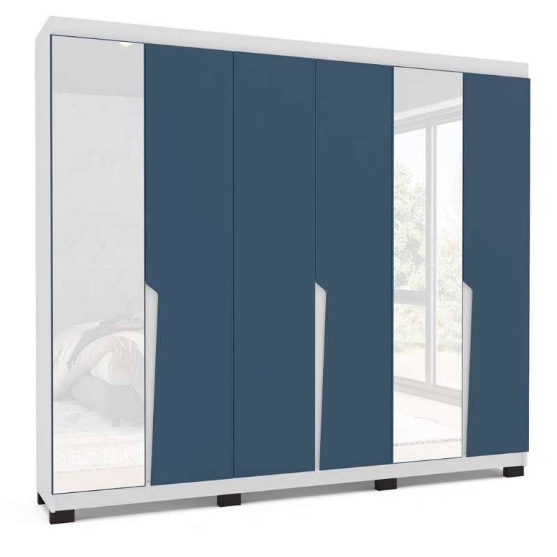 Roupeiro 6 Portas com Espelho Porto Branco e Azul Politorno - Branco e Azul