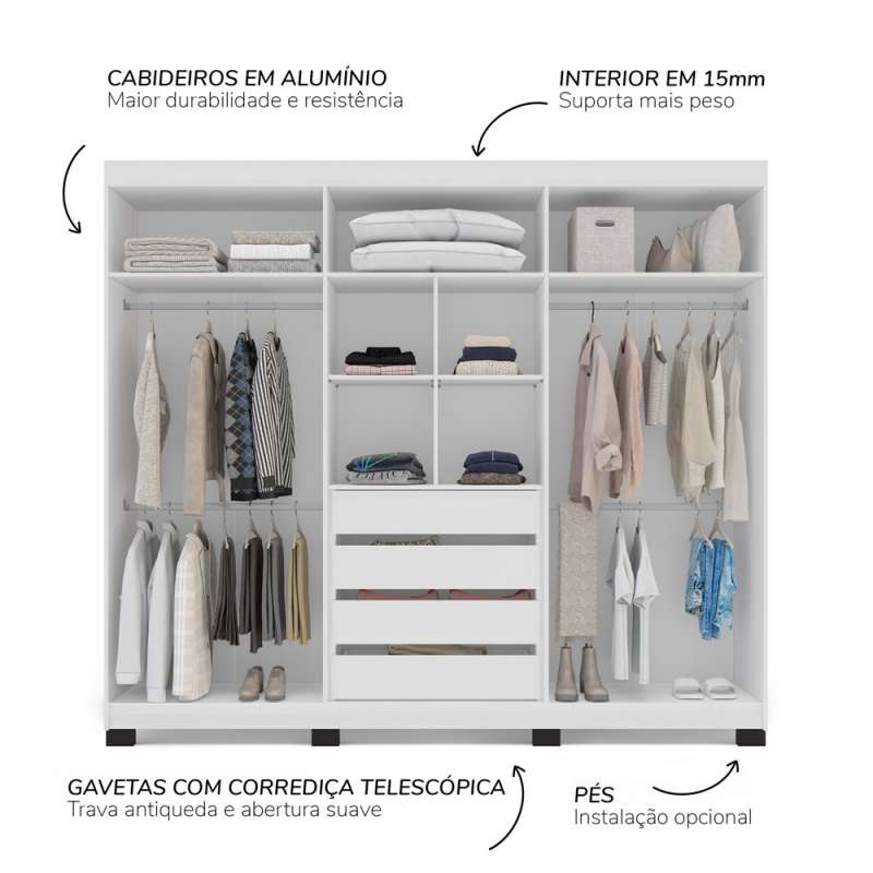 Roupeiro 6 Portas com Espelho Porto Branco e Azul Politorno - Branco e Azul