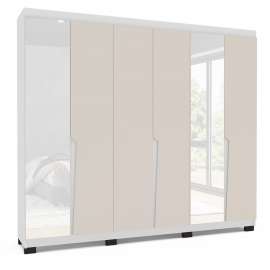 Roupeiro 6 Portas com Espelho Porto Branco e Creme Politorno - Branco e Creme