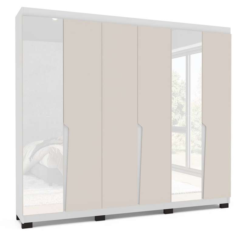 Roupeiro 6 Portas com Espelho Porto Branco e Creme Politorno - Branco e Creme