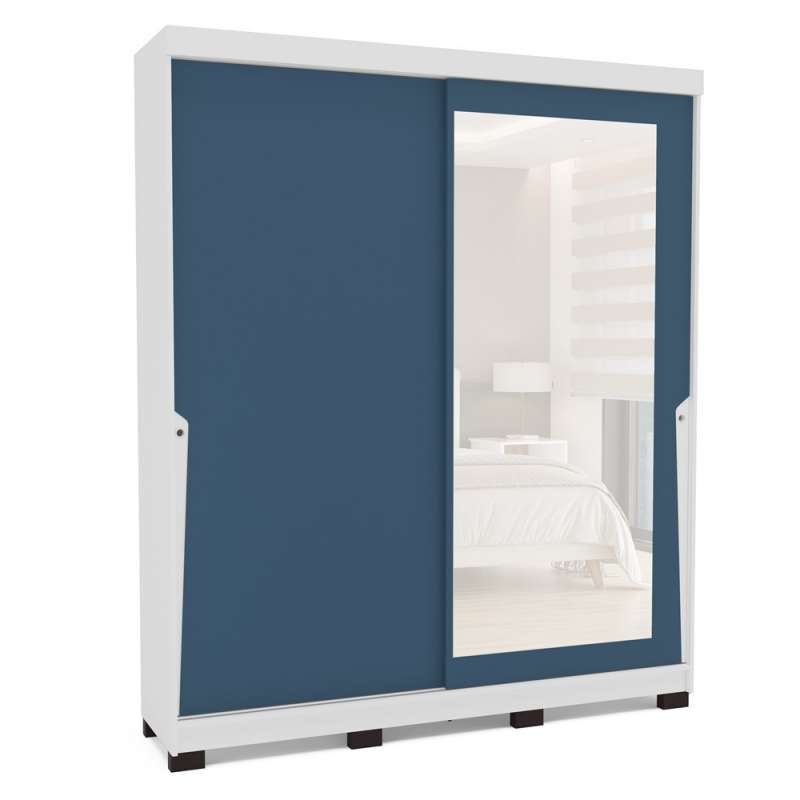 Roupeiro 2 Portas de Correr com Espelho Porto Branco e Azul Politorno - Branco e Azul