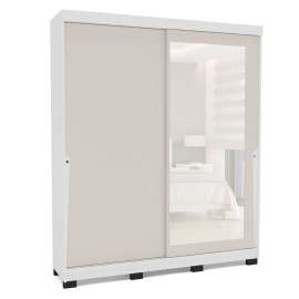 Roupeiro 2 Portas de Correr com Espelho Porto Branco e Creme Politorno - Branco e Creme