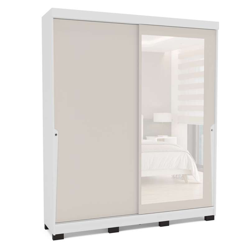 Roupeiro 2 Portas de Correr com Espelho Porto Branco e Creme Politorno - Branco e Creme