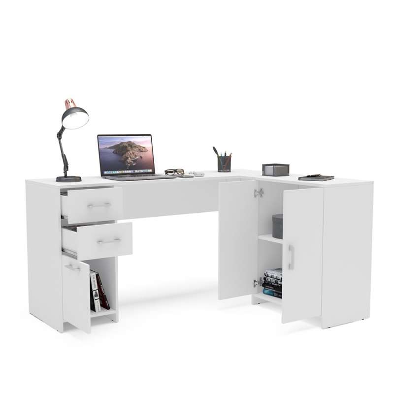 Mesa em L com 2 Gavetas e 3 Portas Branca Madri Politorno  - Branco