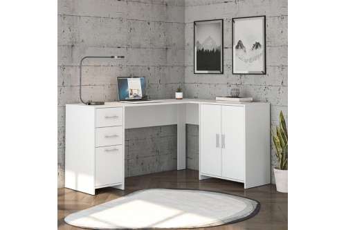 Mesa em L com 2 Gavetas e 3 Portas Branca Madri Politorno 