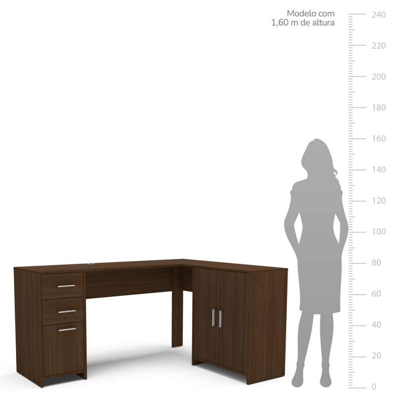 Mesa em L com 2 Gavetas e 3 Portas Amendoa Madri Politorno  - Amendoa