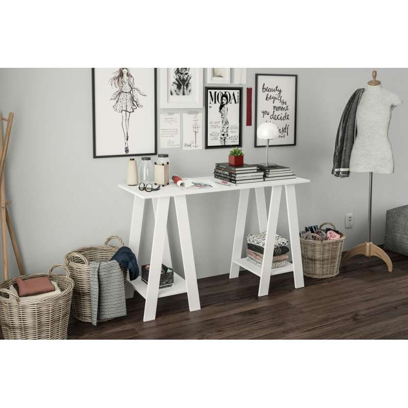 Mesa de escritório Delta 1,20m 2 prateleiras Branco Politorno - Branco