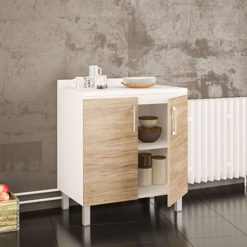 Balcão Floripa 80cm Carvalho Claro/Branco com tampo Politorno - Carvalho Claro e Branco