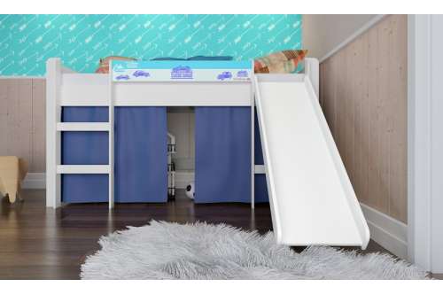 Cama Infantil com Escorregador Branco e Azul Completa Móveis