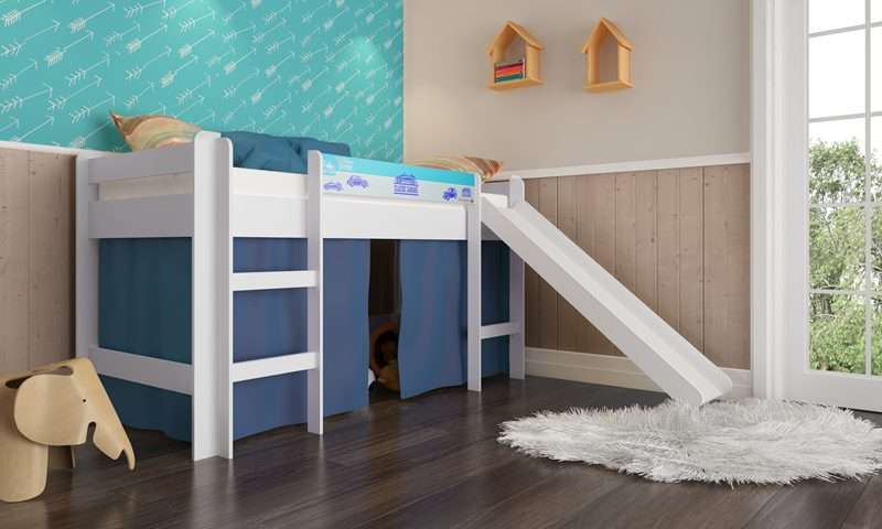 Cama Infantil com Escorregador Branco e Azul Completa Móveis - Azul