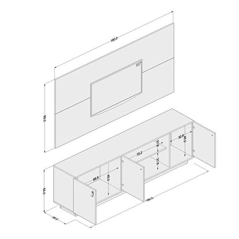 Rack com painel Brigitte para TV 65" com 3 portas Puxador de couro cor Argel-Branco - Argel/Branco