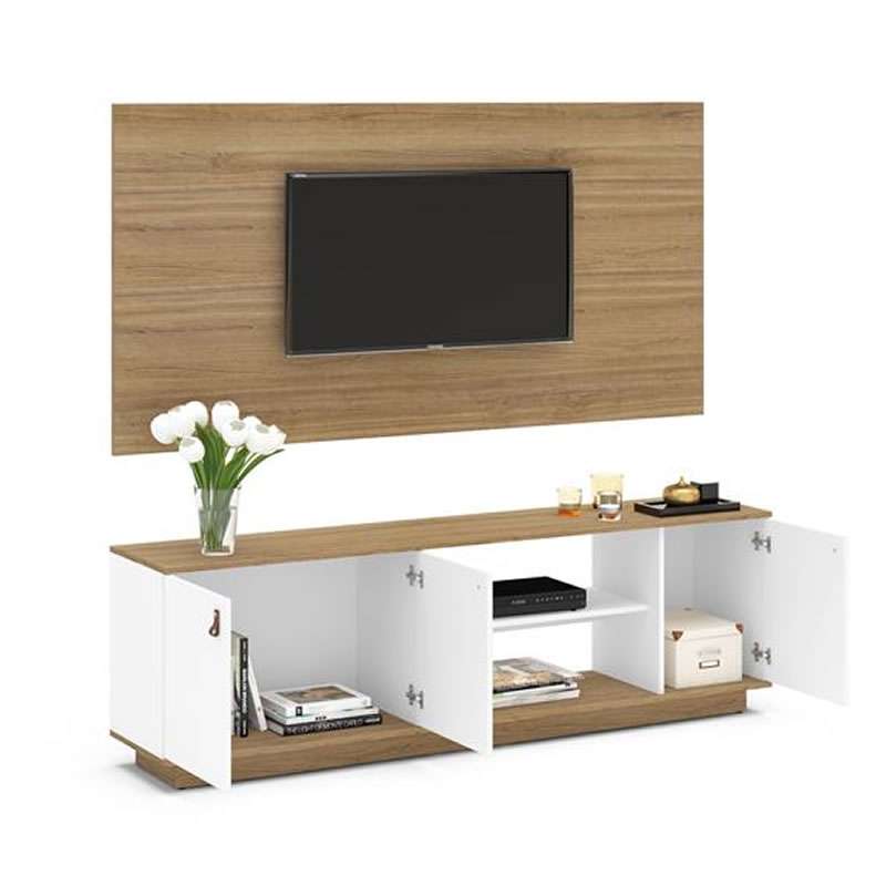 Rack com painel Brigitte para TV 65" com 3 portas Puxador de couro cor Argel-Branco - Argel/Branco