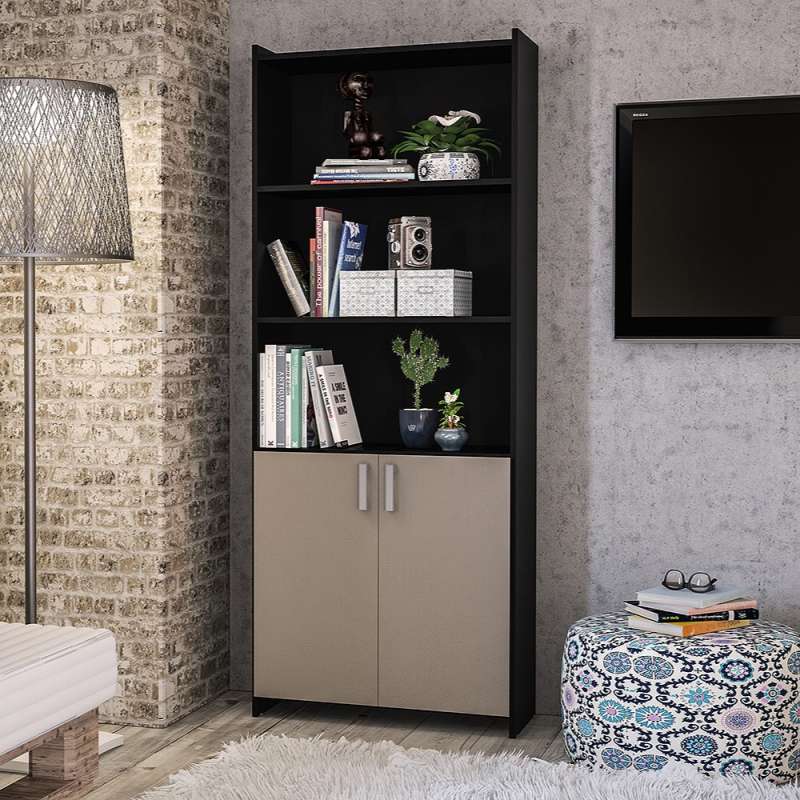 Estante com Portas Preto/Cinza Politorno - Preto/Cinza