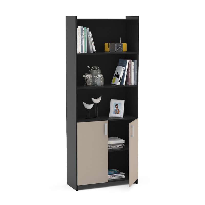 Estante com Portas Preto/Cinza Politorno - Preto/Cinza