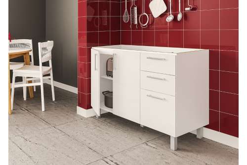 Balcão Floripa para pia 1,20m 2 portas 3 gavetas Branco/Branco Tatto Politorno