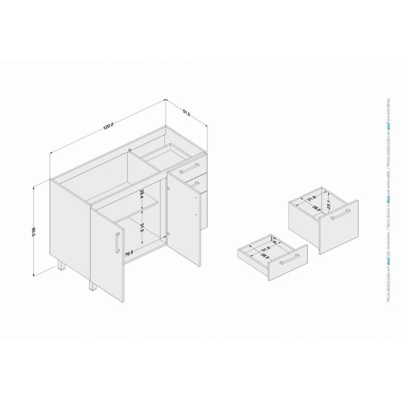 Balcão Floripa para pia 1,20m 2 portas 3 gavetas Branco/Carvalho Claro Politorno - Branco - Carvalho Claro