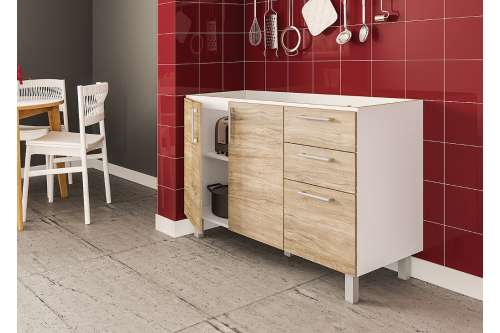 Balcão Floripa para pia 1,20m 2 portas 3 gavetas Branco/Carvalho Claro Politorno