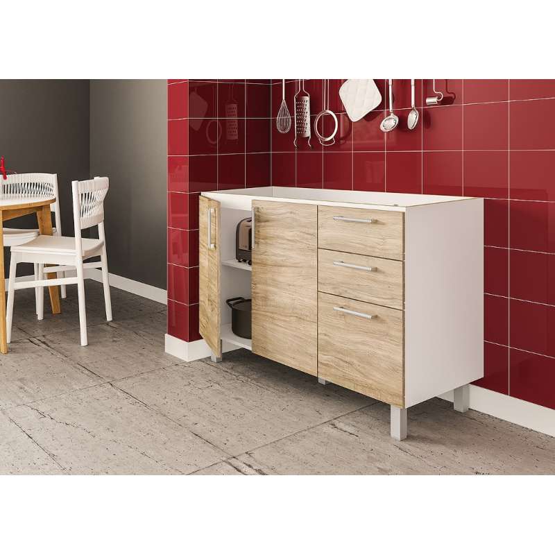 Balcão Floripa para pia 1,20m 2 portas 3 gavetas Branco/Carvalho Claro Politorno - Branco - Carvalho Claro