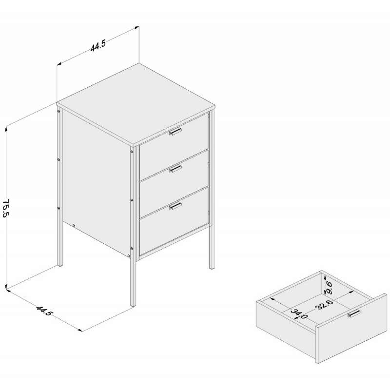 Gaveteiro Maiorca 3 gavetas pés de metal Branco/Castanho Politorno - Branco - Castanho