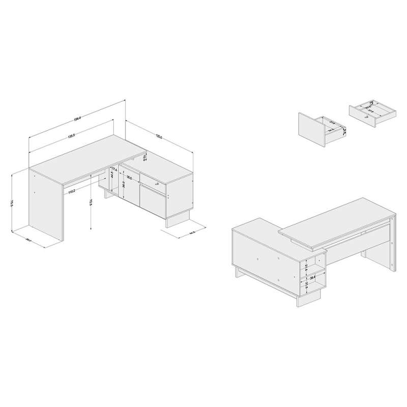 Mesa Los Angeles de canto 1 porta 2 gavetas (1 com chave) Branco/Carvalho Politorno - Branco - Carvalho Claro