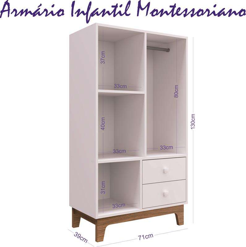 Armário Infantil Retrô Montessoriano com cabideiro Completa Móveis - Branco
