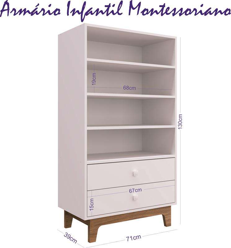 Armário Infantil Retrô Montessoriano com gavetas Branco Completa Móveis - Branco