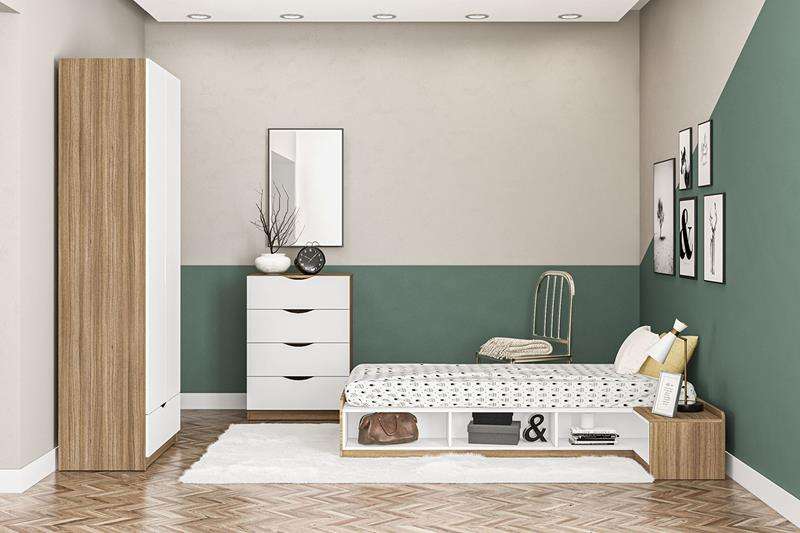 Cama Solteiro com mesa De cabeceira e nichos Canadá Castanho/Branco Politorno - Castanho/Branco