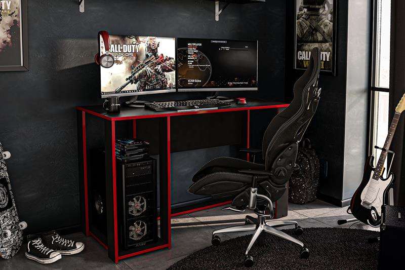 Mesa Gamer Singapura Preto e Vermelho Politorno - Preto-Vermelho