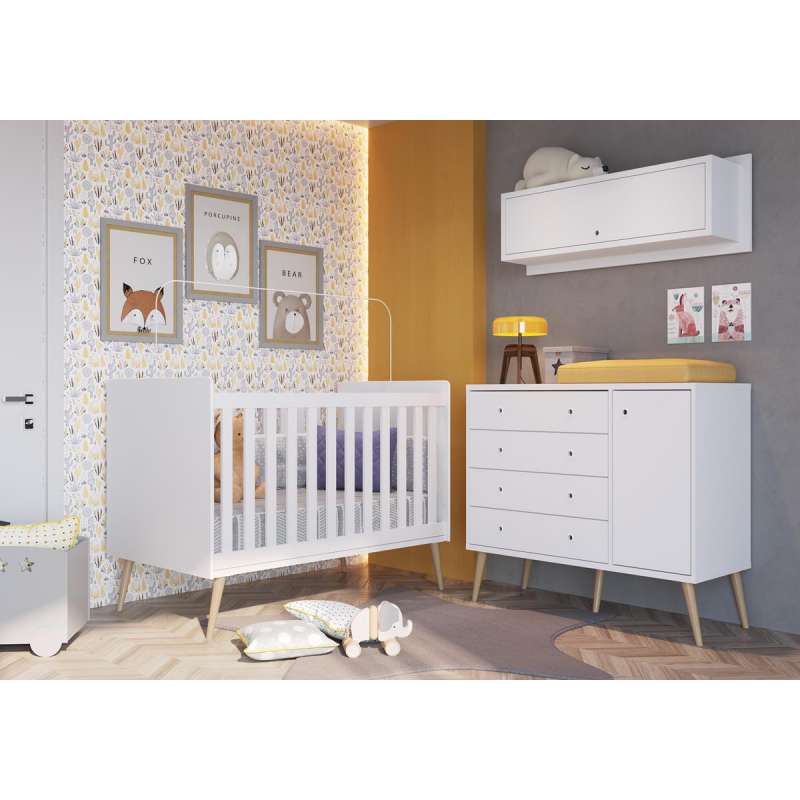 Cômoda Retrô 4 Gavetas 1 porta Pés Palito Branco Completa Móveis - Branco