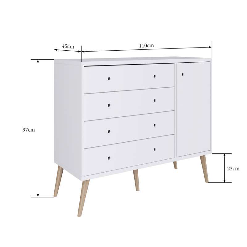 Cômoda Retrô 4 Gavetas 1 porta Pés Palito Branco Completa Móveis - Branco