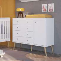 Cômoda Retrô 4 Gavetas 1 porta Pés Palito Branco Completa Móveis Cômoda Retrô 4 Gavetas 1 porta Pés Palito Branco Completa Móveis