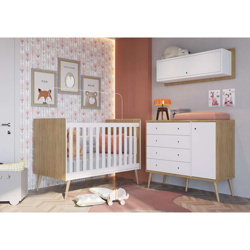 Cômoda Retrô 4 Gavetas 1 Porta Pés Palito Itapua e Branco Completa Móveis - Itapua/Branco