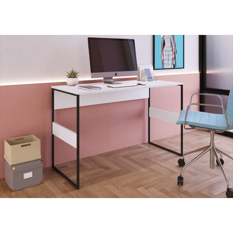 Mesa Home Office Madrid 120cm Branco e Preto - Branco e Preto