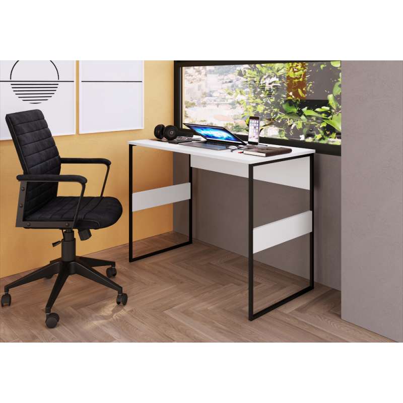 Mesa Home Office Madrid 100cm Branca e Preta - Branco e Preto